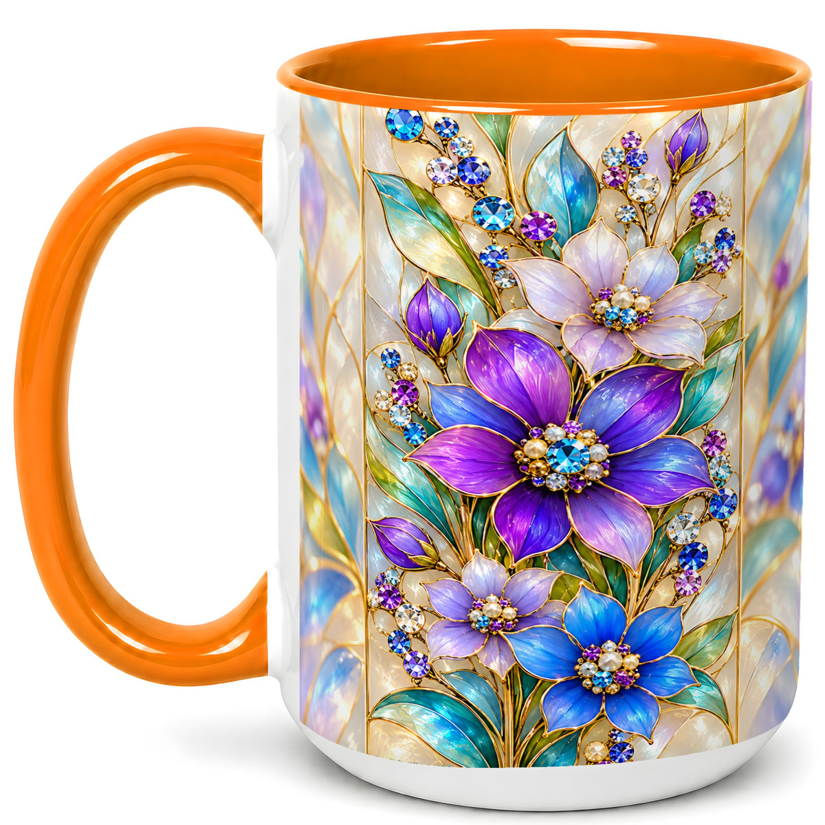 #pl[15oz|Orange] Purple Floral Coffee Mug, Jeweled Blossom Mug, Ceramic Cup