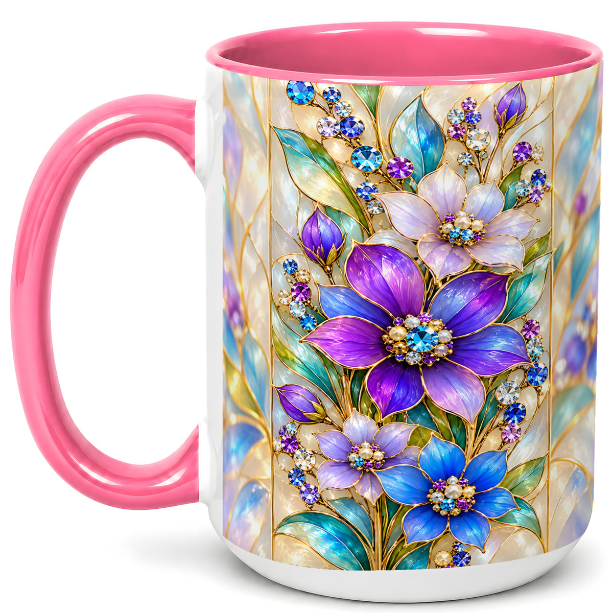 #pl[15oz|Pink] Purple Floral Coffee Mug, Jeweled Blossom Mug, Ceramic Cup