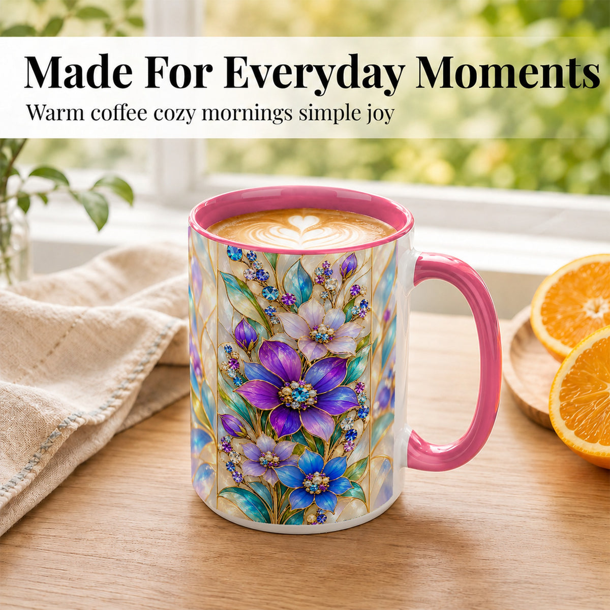 #pl[15oz|Pink] Purple Floral Coffee Mug, Jeweled Blossom Mug, Ceramic Cup