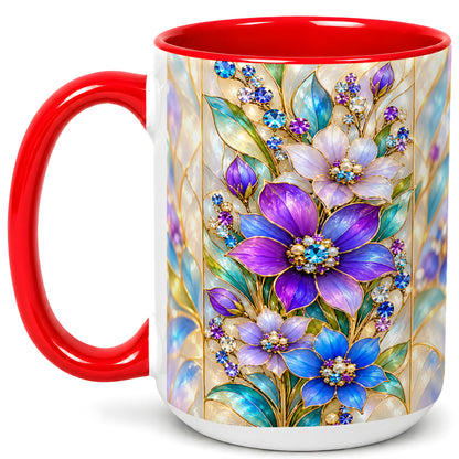 #pl[15oz|Red] Purple Floral Coffee Mug, Jeweled Blossom Mug, Ceramic Cup