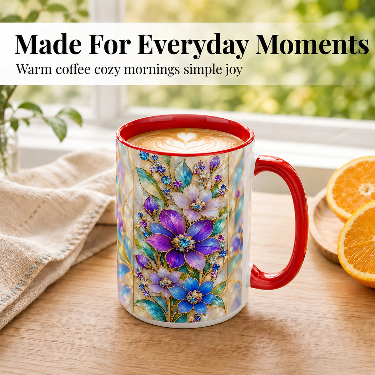 #pl[15oz|Red] Purple Floral Coffee Mug, Jeweled Blossom Mug, Ceramic Cup