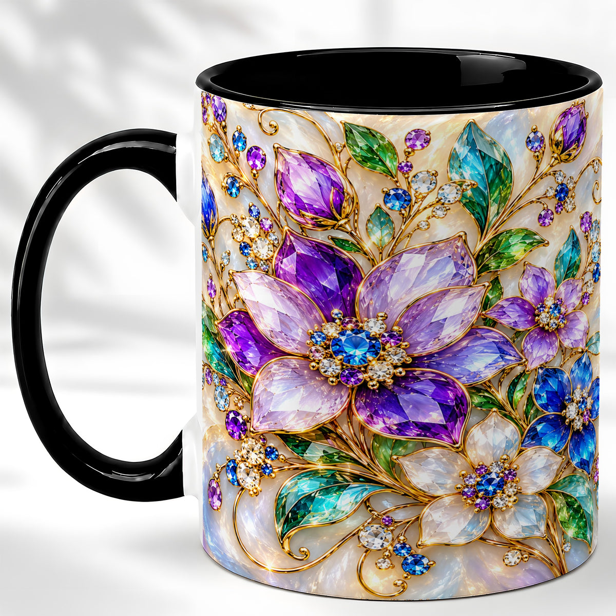 #pl[11oz|Black] Gemstone Floral Coffee Mug, Jeweled Flower Mug, Ceramic Cup