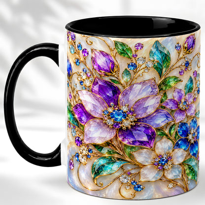 #pl[11oz|Black] Gemstone Floral Coffee Mug, Jeweled Flower Mug, Ceramic Cup