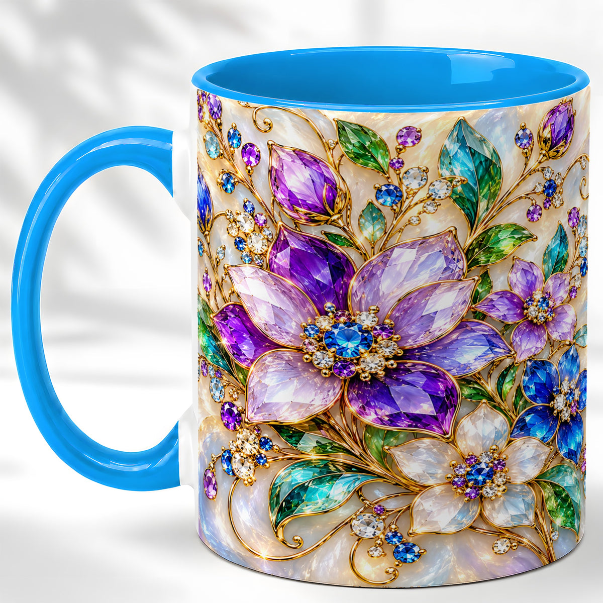 #pl[11oz|Blue] Gemstone Floral Coffee Mug, Jeweled Flower Mug, Ceramic Cup