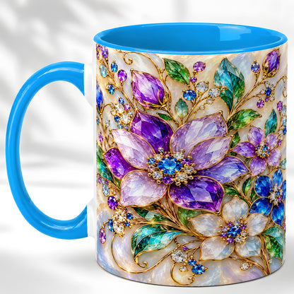 #pl[11oz|Blue] Gemstone Floral Coffee Mug, Jeweled Flower Mug, Ceramic Cup