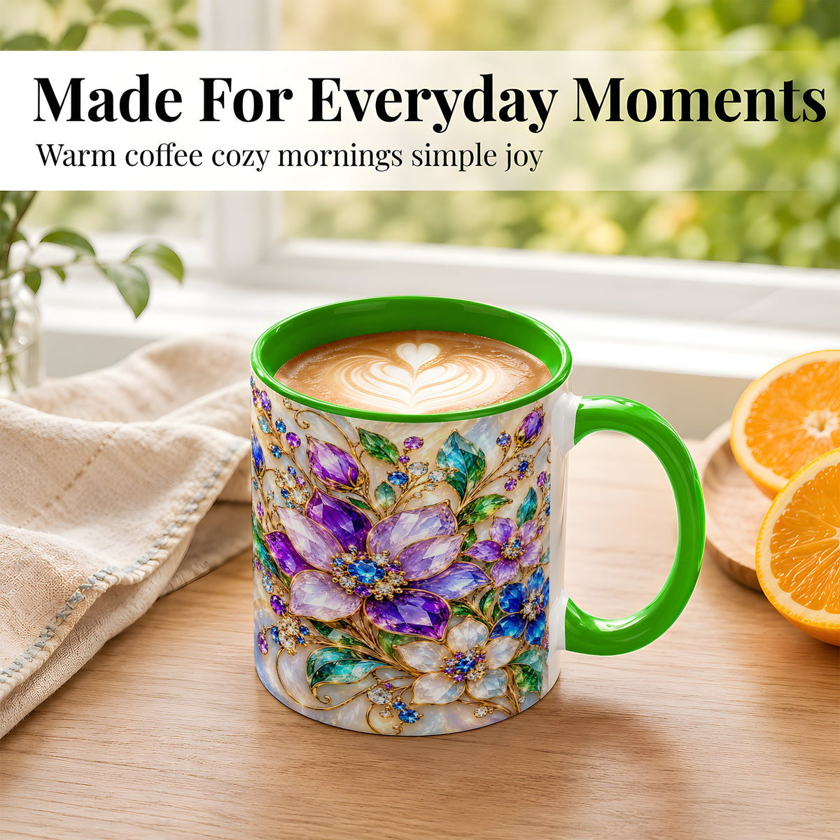 #pl[11oz|Green] Gemstone Floral Coffee Mug, Jeweled Flower Mug, Ceramic Cup