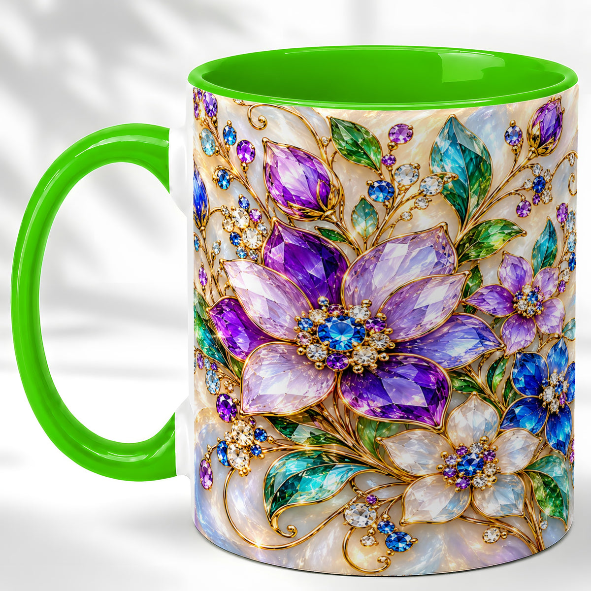 #pl[11oz|Green] Gemstone Floral Coffee Mug, Jeweled Flower Mug, Ceramic Cup