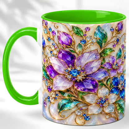 #pl[11oz|Green] Gemstone Floral Coffee Mug, Jeweled Flower Mug, Ceramic Cup