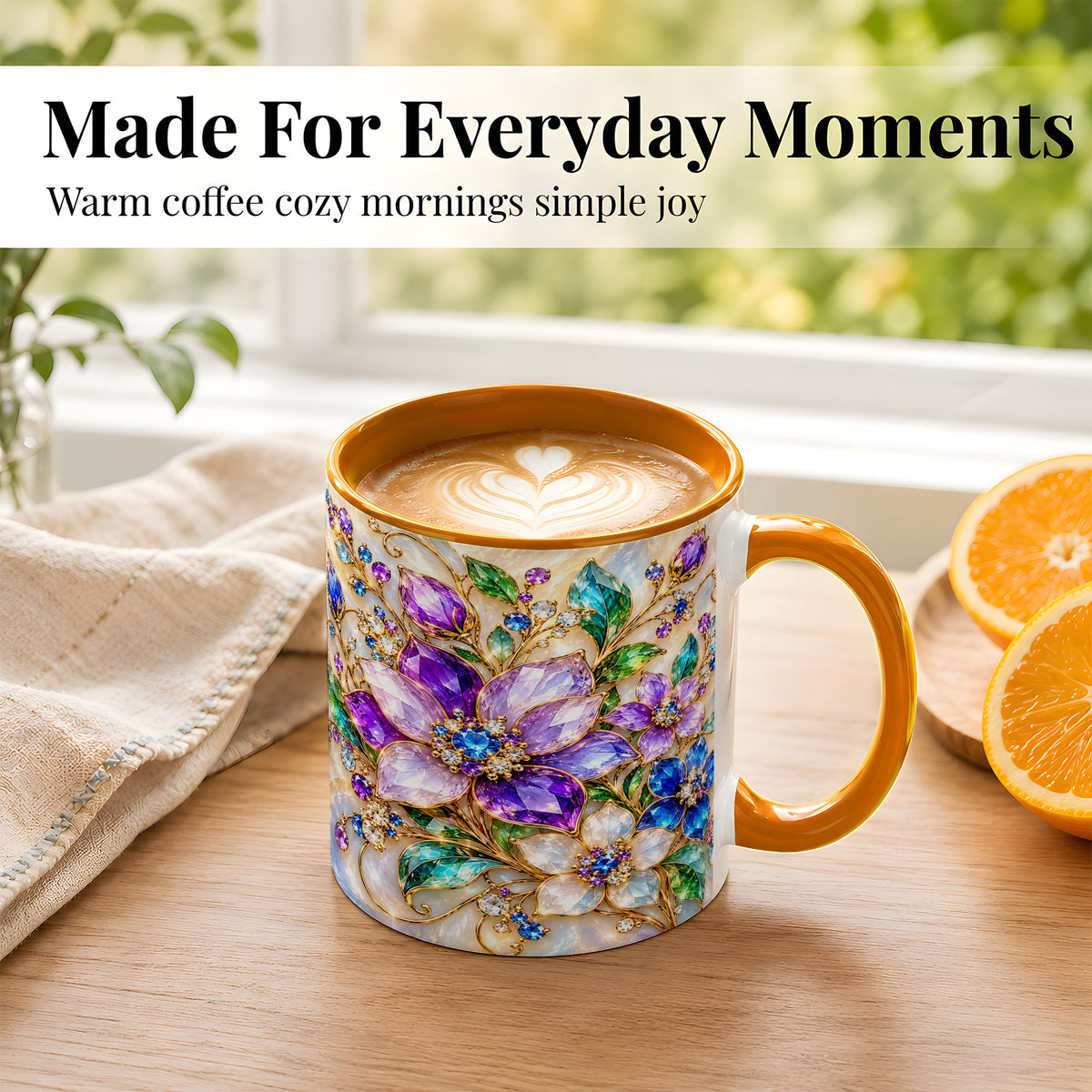 #pl[11oz|Orange] Gemstone Floral Coffee Mug, Jeweled Flower Mug, Ceramic Cup