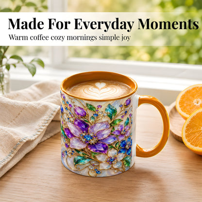 #pl[11oz|Orange] Gemstone Floral Coffee Mug, Jeweled Flower Mug, Ceramic Cup