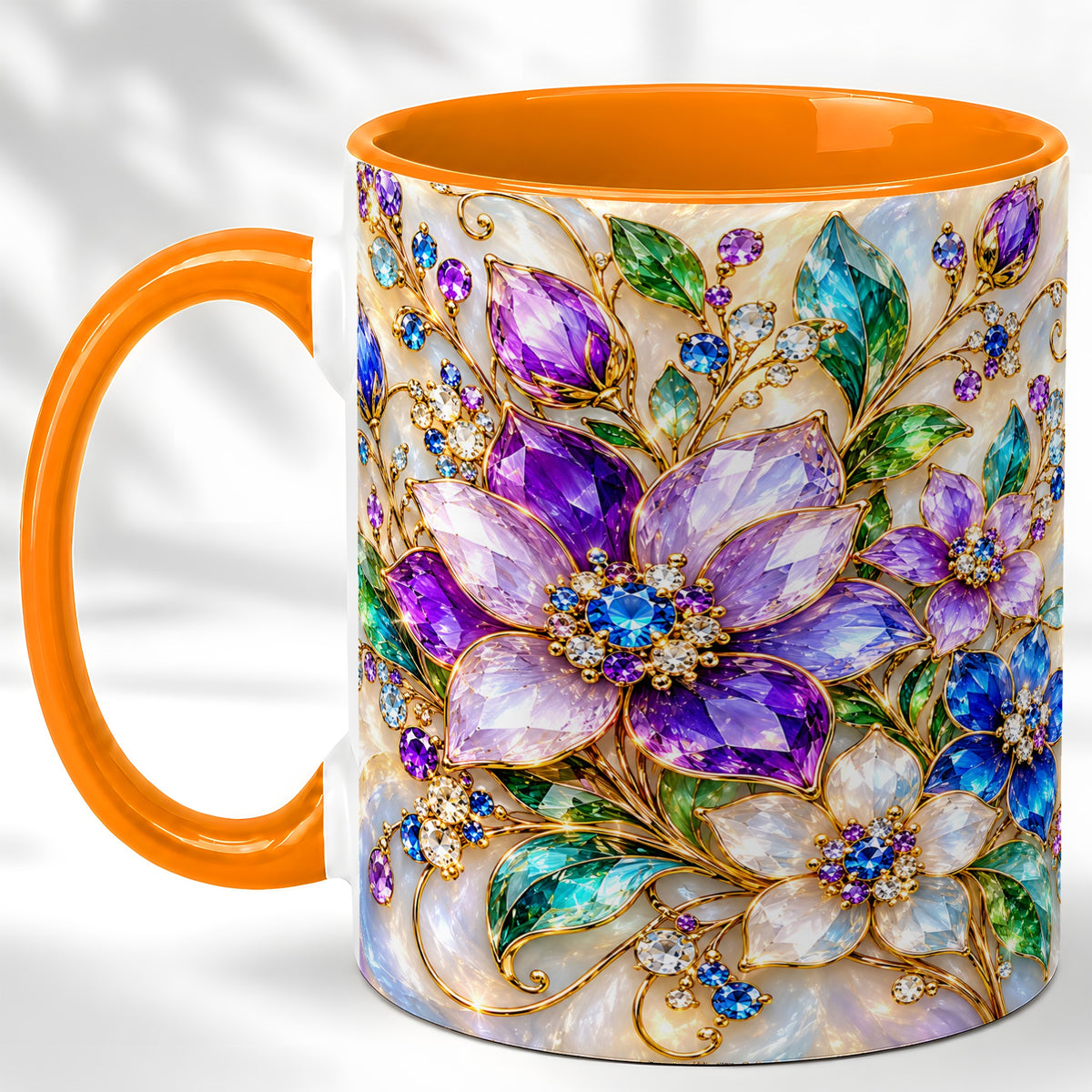 #pl[11oz|Orange] Gemstone Floral Coffee Mug, Jeweled Flower Mug, Ceramic Cup