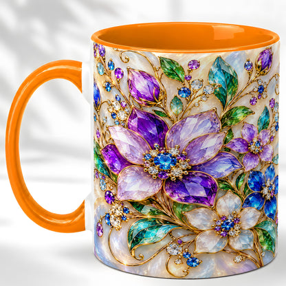 #pl[11oz|Orange] Gemstone Floral Coffee Mug, Jeweled Flower Mug, Ceramic Cup