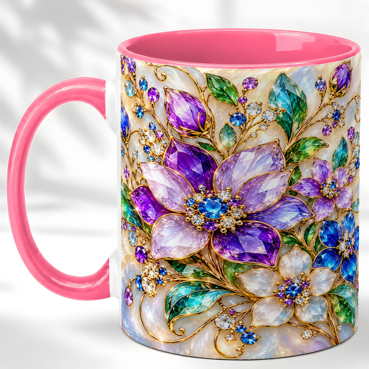 #pl[11oz|Pink] Gemstone Floral Coffee Mug, Jeweled Flower Mug, Ceramic Cup