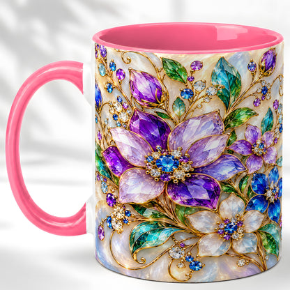 #pl[11oz|Pink] Gemstone Floral Coffee Mug, Jeweled Flower Mug, Ceramic Cup
