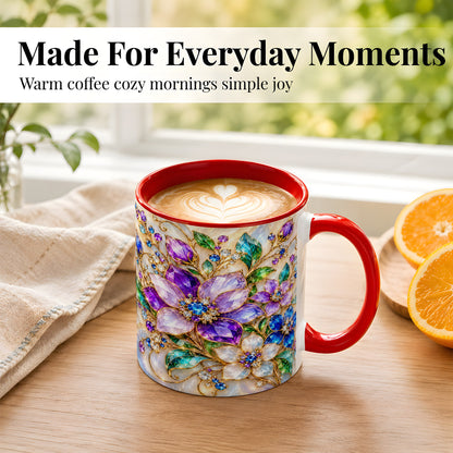 #pl[11oz|Red] Gemstone Floral Coffee Mug, Jeweled Flower Mug, Ceramic Cup