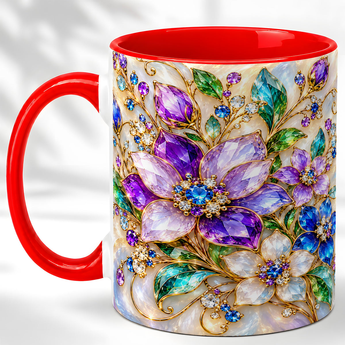 Gemstone Floral Coffee Mug, Jeweled Flower Mug, Ceramic Cup