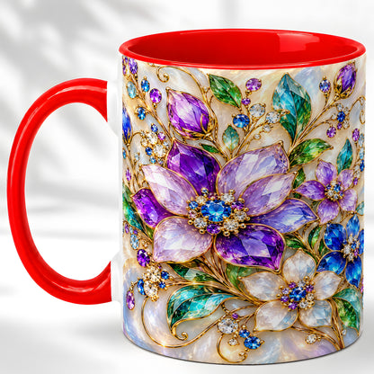 Gemstone Floral Coffee Mug, Jeweled Flower Mug, Ceramic Cup