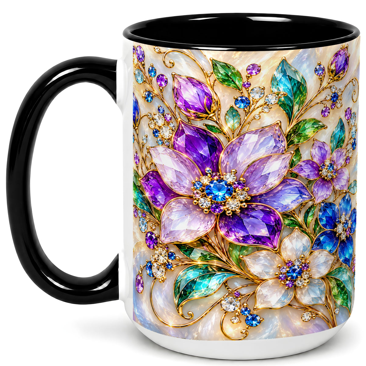 #pl[15oz|Black] Gemstone Floral Coffee Mug, Jeweled Flower Mug, Ceramic Cup