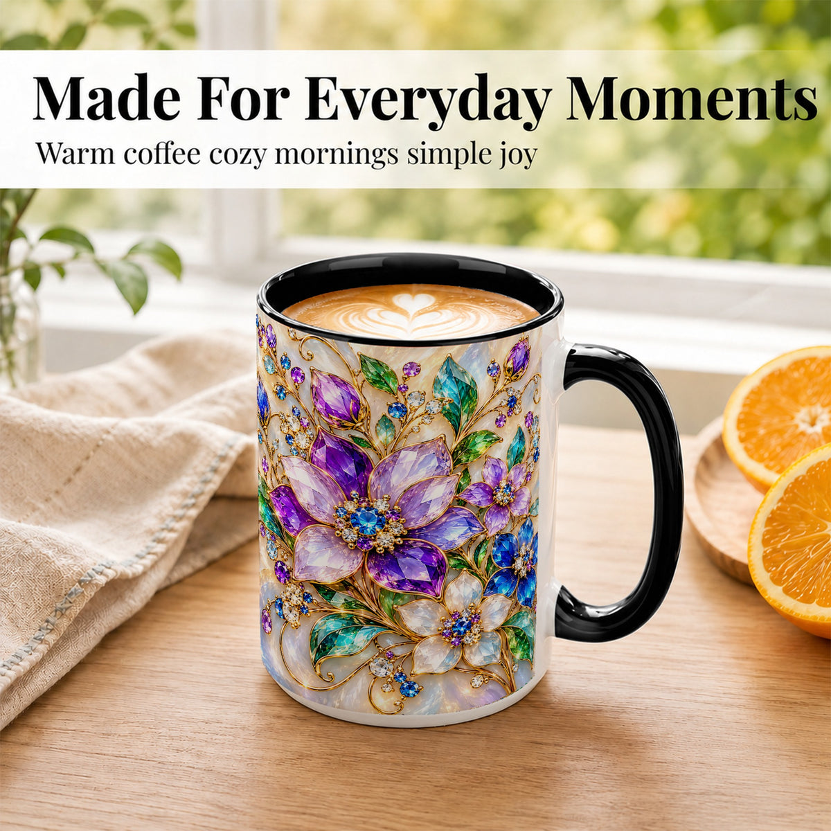#pl[15oz|Black] Gemstone Floral Coffee Mug, Jeweled Flower Mug, Ceramic Cup