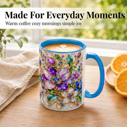 #pl[15oz|Blue] Gemstone Floral Coffee Mug, Jeweled Flower Mug, Ceramic Cup