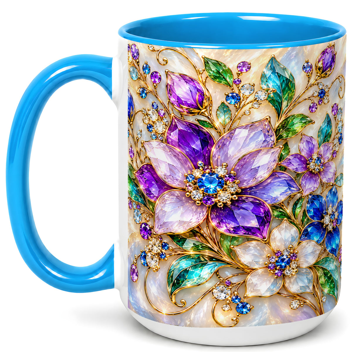 #pl[15oz|Blue] Gemstone Floral Coffee Mug, Jeweled Flower Mug, Ceramic Cup