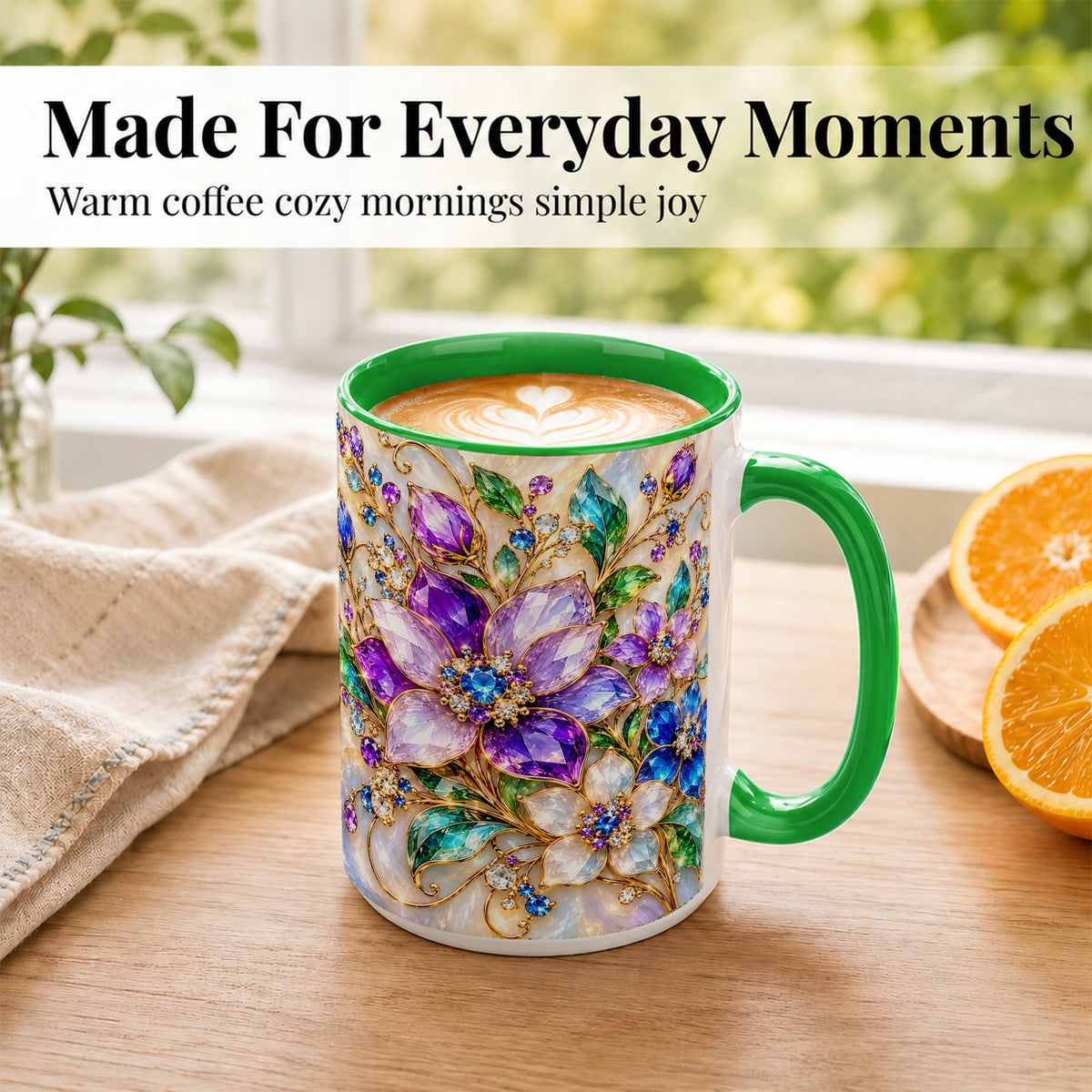 #pl[15oz|Green] Gemstone Floral Coffee Mug, Jeweled Flower Mug, Ceramic Cup
