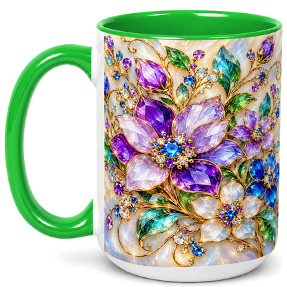 #pl[15oz|Green] Gemstone Floral Coffee Mug, Jeweled Flower Mug, Ceramic Cup