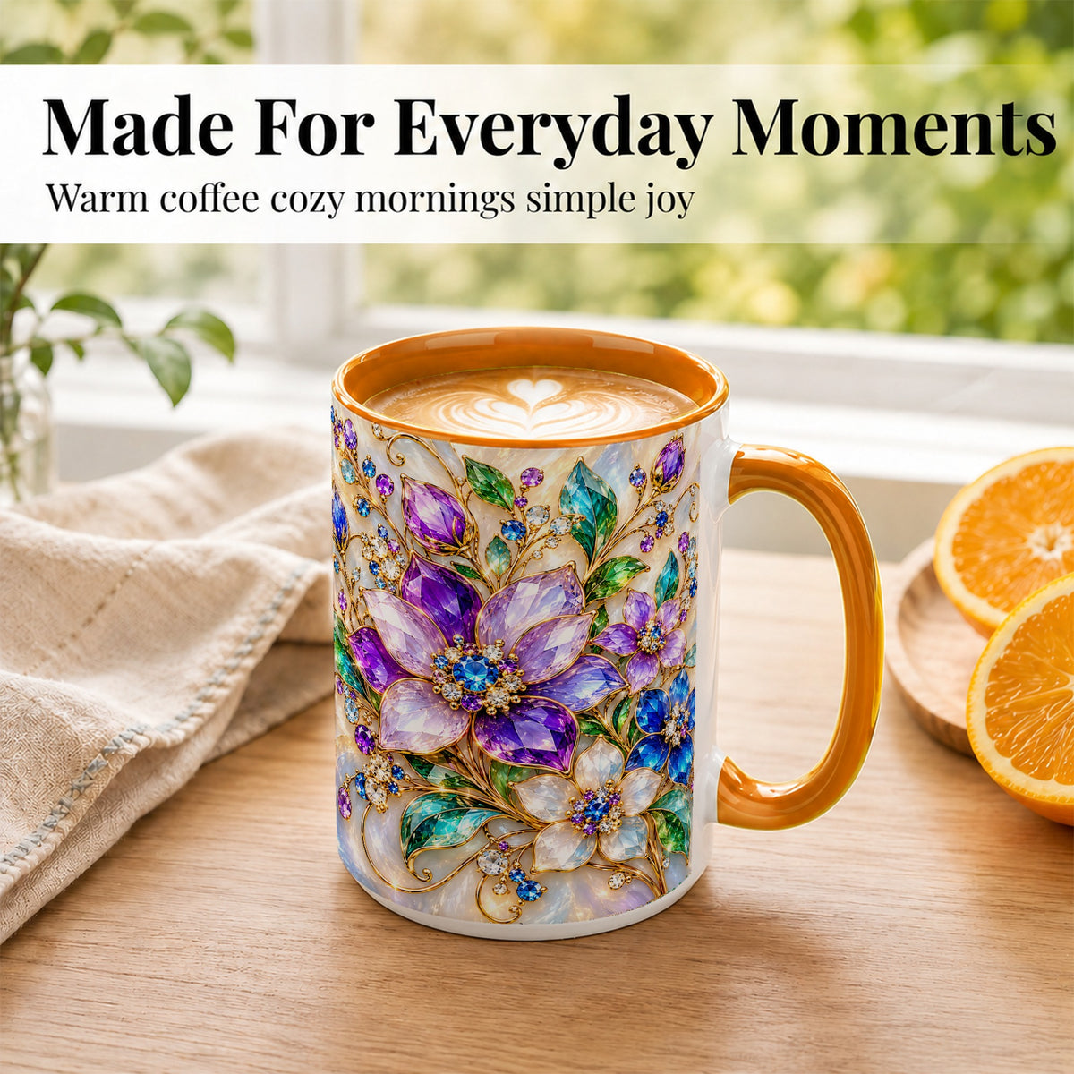 #pl[15oz|Orange] Gemstone Floral Coffee Mug, Jeweled Flower Mug, Ceramic Cup