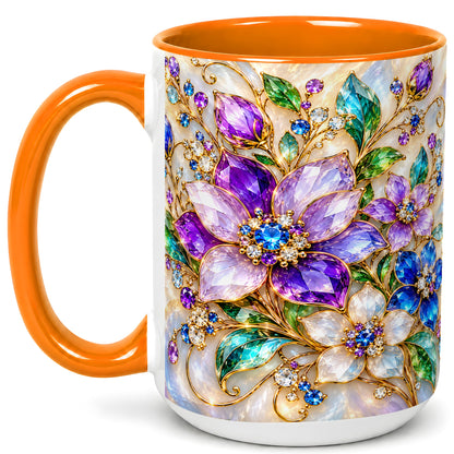 #pl[15oz|Orange] Gemstone Floral Coffee Mug, Jeweled Flower Mug, Ceramic Cup