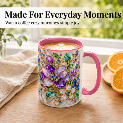 #pl[15oz|Pink] Gemstone Floral Coffee Mug, Jeweled Flower Mug, Ceramic Cup