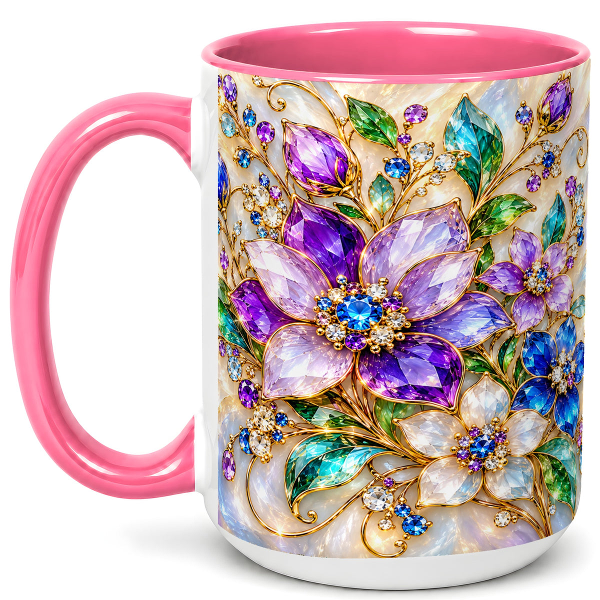 #pl[15oz|Pink] Gemstone Floral Coffee Mug, Jeweled Flower Mug, Ceramic Cup