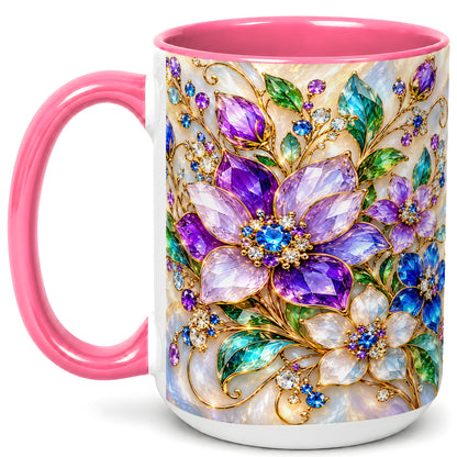 #pl[15oz|Pink] Gemstone Floral Coffee Mug, Jeweled Flower Mug, Ceramic Cup