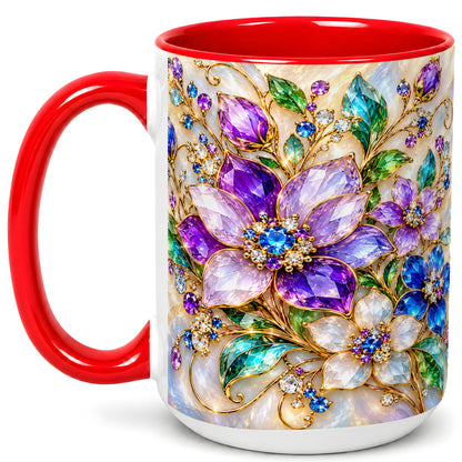 #pl[15oz|Red] Gemstone Floral Coffee Mug, Jeweled Flower Mug, Ceramic Cup