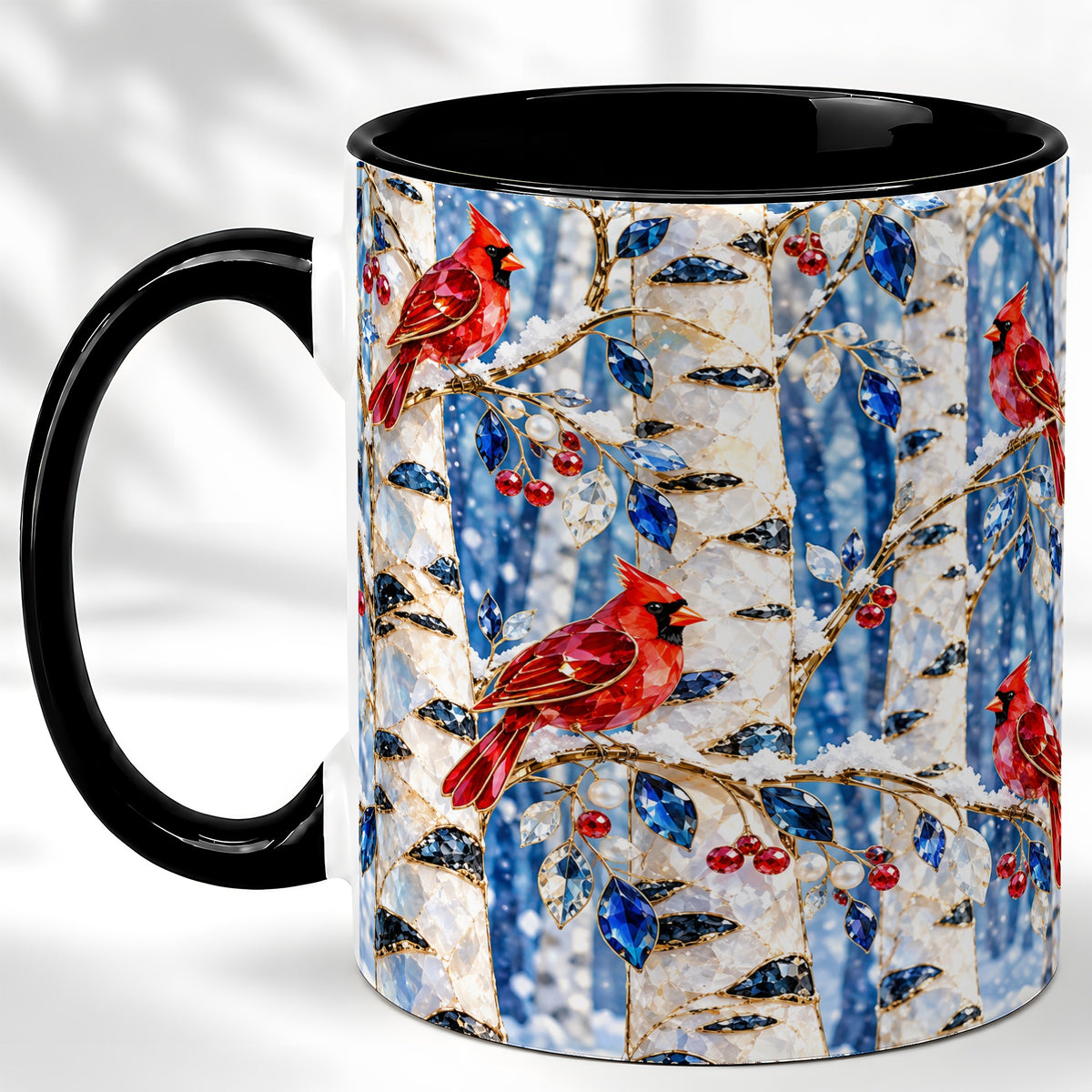 #pl[11oz|Black] Winter Cardinal Coffee Mug, Birch Forest Mug, Ceramic Cup