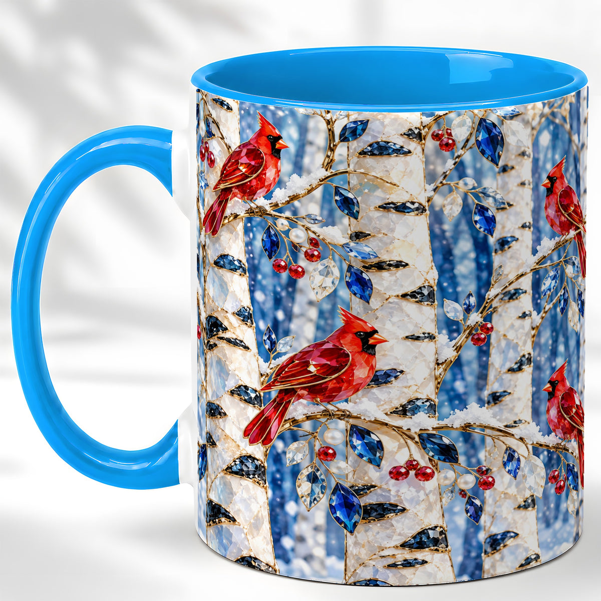 #pl[11oz|Blue] Winter Cardinal Coffee Mug, Birch Forest Mug, Ceramic Cup