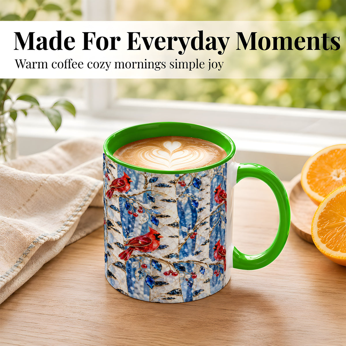 #pl[11oz|Green] Winter Cardinal Coffee Mug, Birch Forest Mug, Ceramic Cup