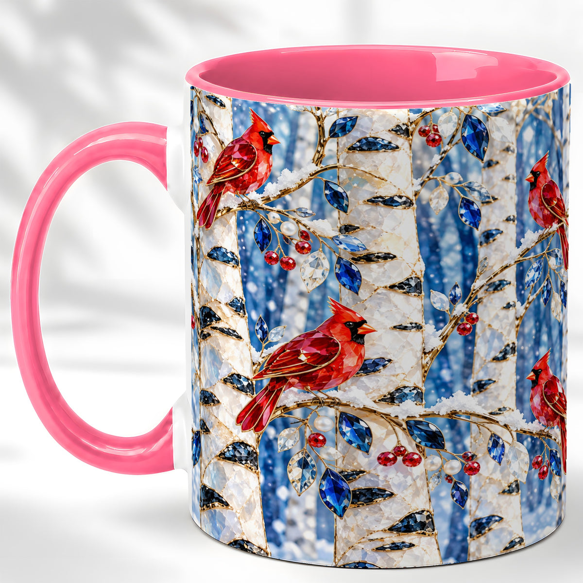 #pl[11oz|Pink] Winter Cardinal Coffee Mug, Birch Forest Mug, Ceramic Cup