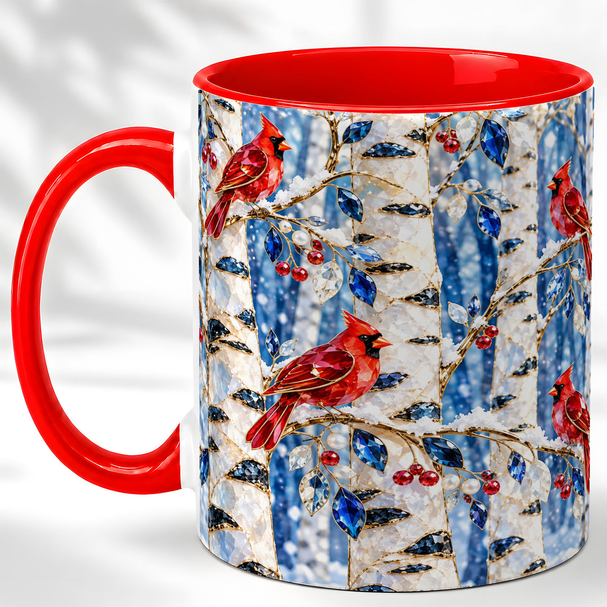 Winter Cardinal Coffee Mug, Birch Forest Mug, Ceramic Cup