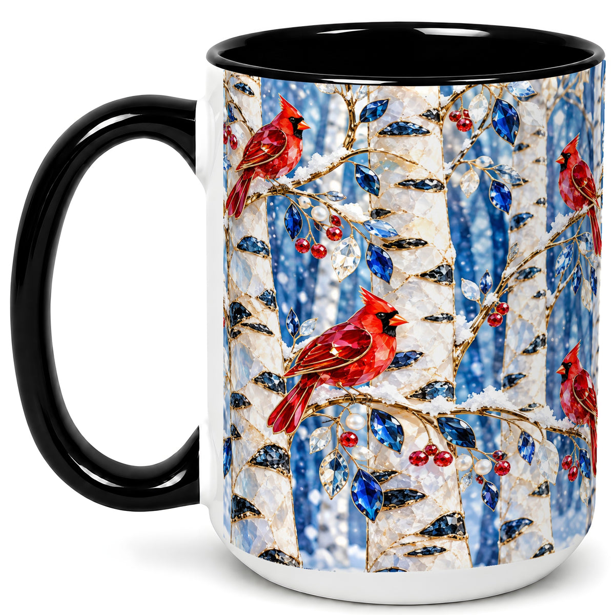 #pl[15oz|Black] Winter Cardinal Coffee Mug, Birch Forest Mug, Ceramic Cup