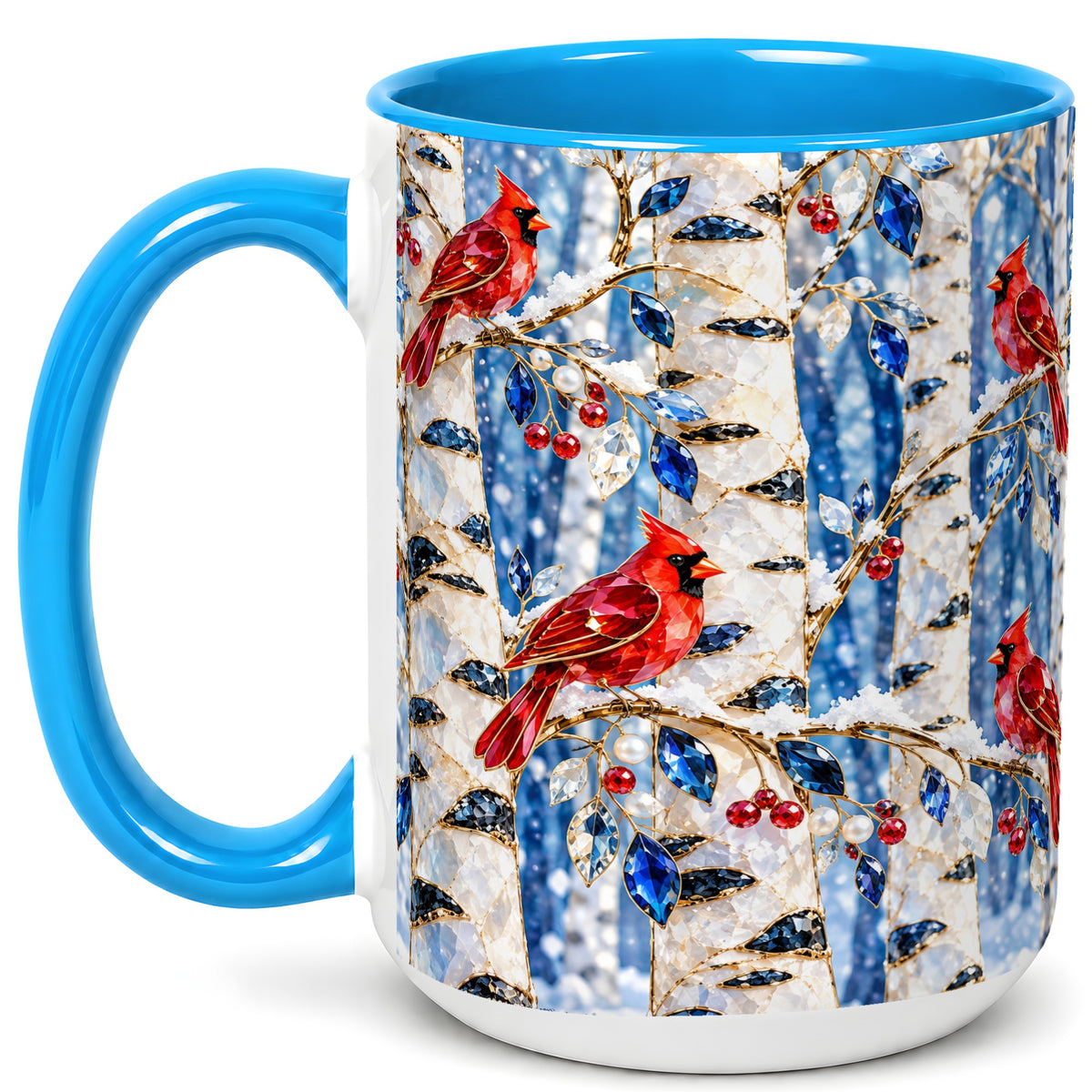 #pl[15oz|Blue] Winter Cardinal Coffee Mug, Birch Forest Mug, Ceramic Cup