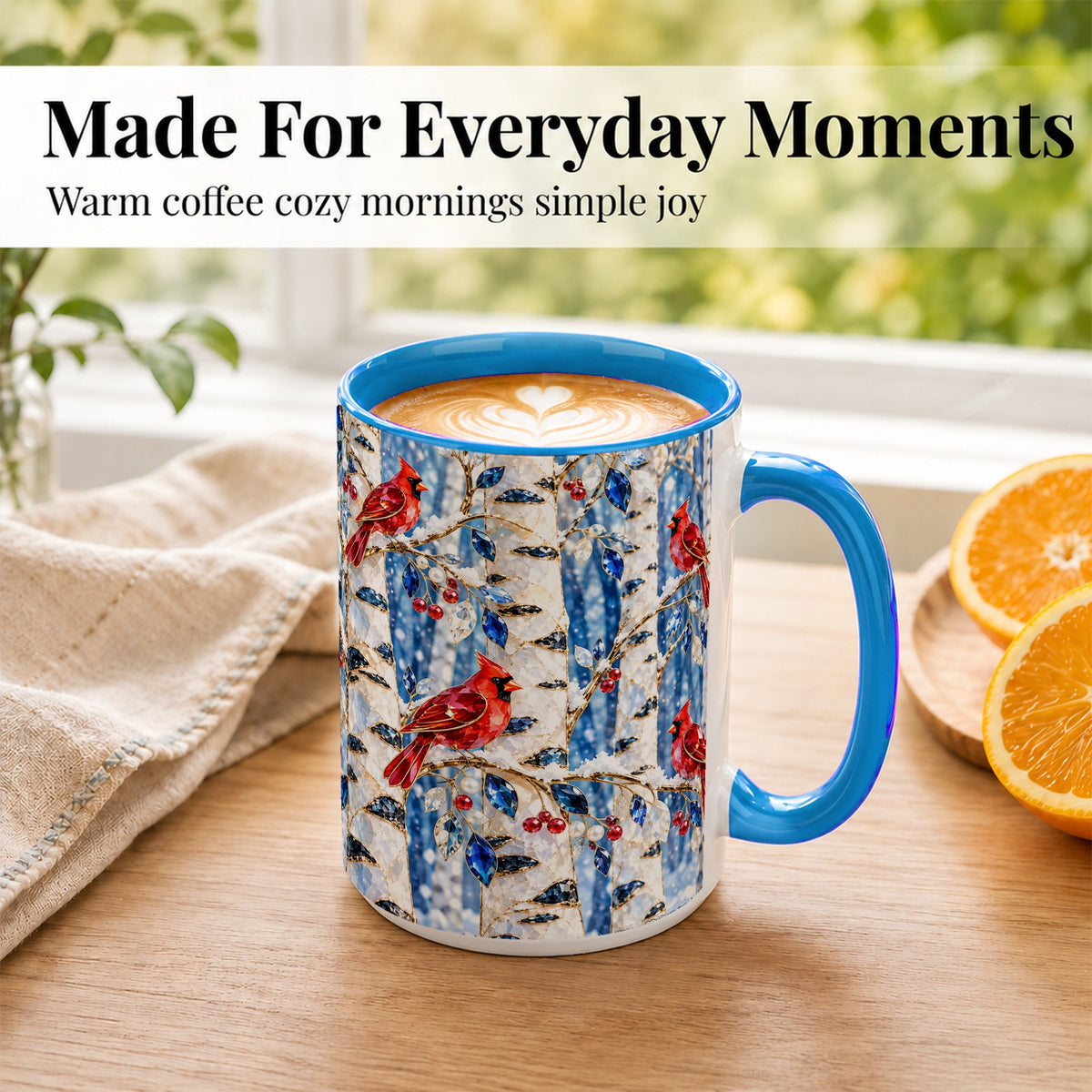#pl[15oz|Blue] Winter Cardinal Coffee Mug, Birch Forest Mug, Ceramic Cup