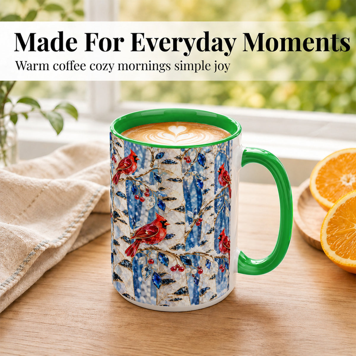#pl[15oz|Green] Winter Cardinal Coffee Mug, Birch Forest Mug, Ceramic Cup