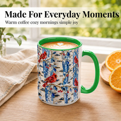 #pl[15oz|Green] Winter Cardinal Coffee Mug, Birch Forest Mug, Ceramic Cup