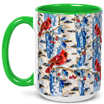 #pl[15oz|Green] Winter Cardinal Coffee Mug, Birch Forest Mug, Ceramic Cup