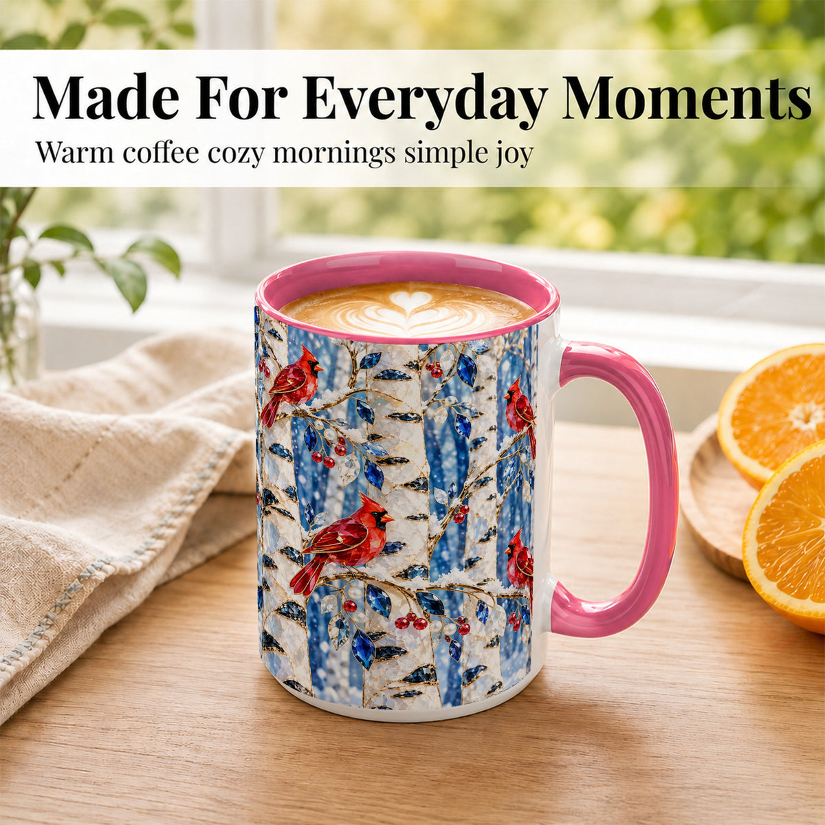 #pl[15oz|Pink] Winter Cardinal Coffee Mug, Birch Forest Mug, Ceramic Cup