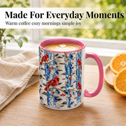 #pl[15oz|Pink] Winter Cardinal Coffee Mug, Birch Forest Mug, Ceramic Cup