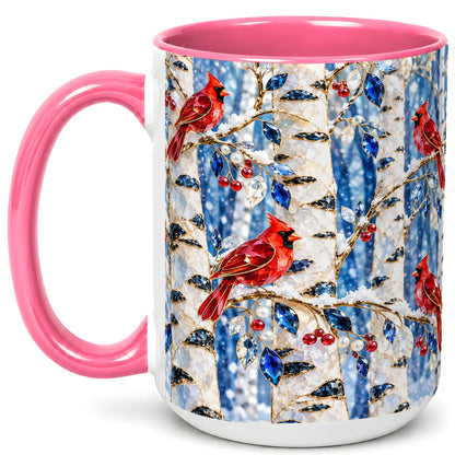 #pl[15oz|Pink] Winter Cardinal Coffee Mug, Birch Forest Mug, Ceramic Cup