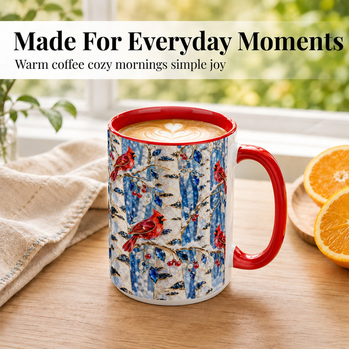 #pl[15oz|Red] Winter Cardinal Coffee Mug, Birch Forest Mug, Ceramic Cup
