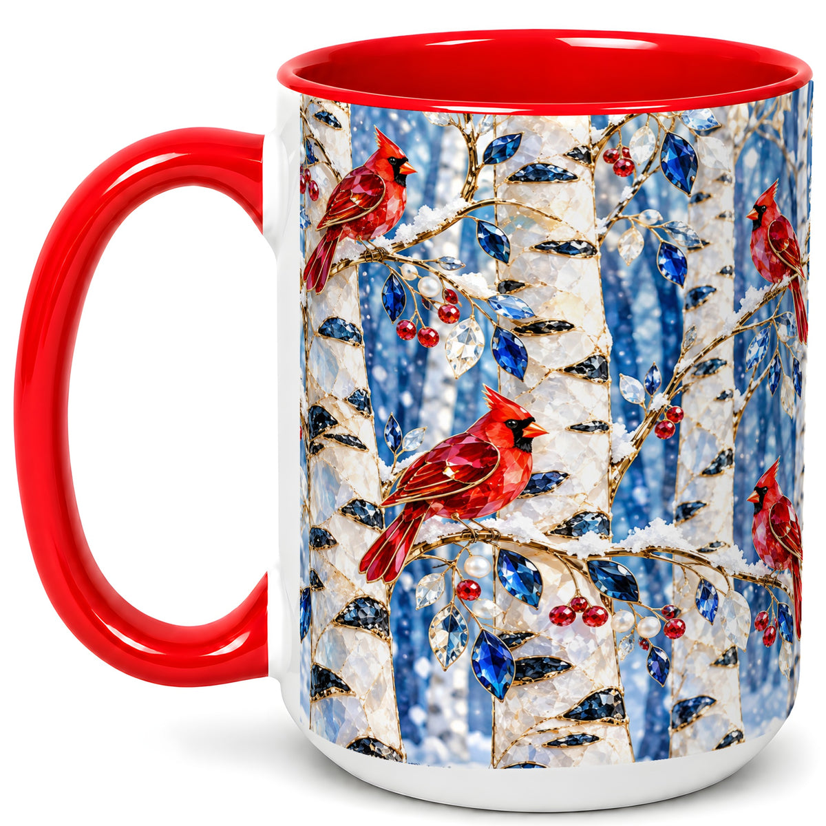 #pl[15oz|Red] Winter Cardinal Coffee Mug, Birch Forest Mug, Ceramic Cup