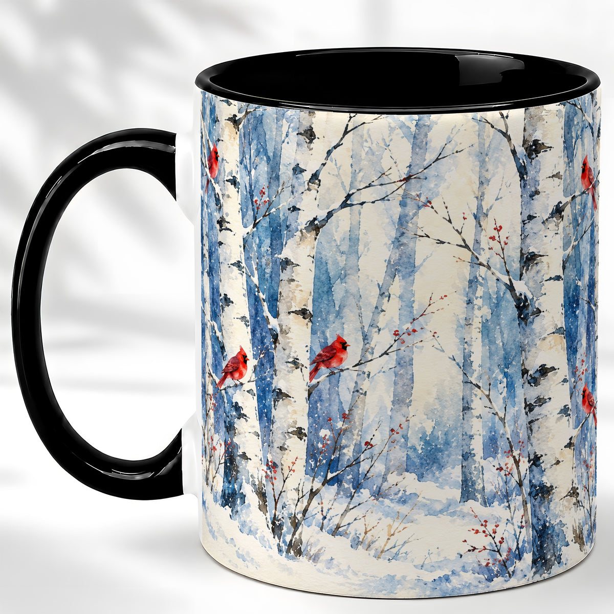 #pl[11oz|Black] Watercolor Cardinal Coffee Mug, Winter Birch Mug, Ceramic Cup